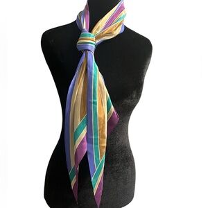 Vintage Liz Claiborne Silk Long Scarf 67” Geometric Stripe Plum Teal Gold